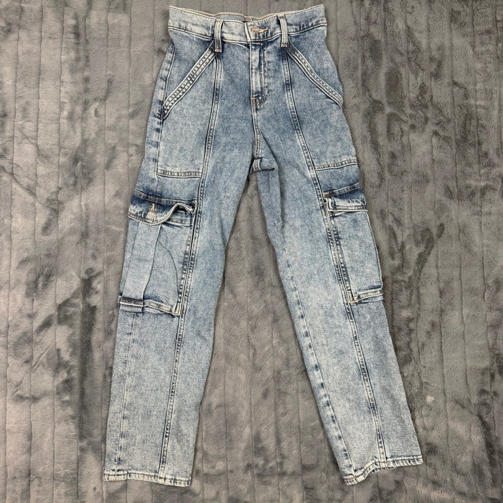 Express Womens High Rise Straight Ankle Cargo Jeans Light Wash Blue Size 0R